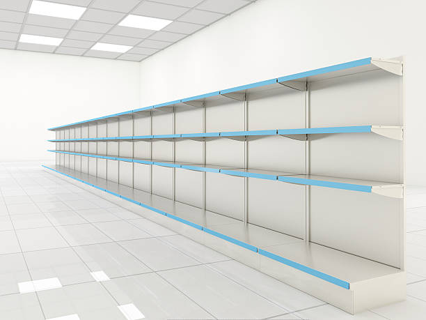istock Empty white shopping shelves in white room 187156798