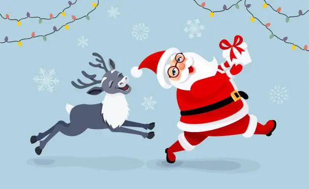 Vector illustration of Santa Claus runs to deliver the gift while his reindeer joyfully follows.