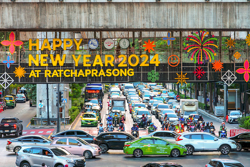 Thailand-December-17:Traffic jam on December 17,2023 at Traffic jam at Ratchaprasong Bangkok Thailand, Bangkok Thailand