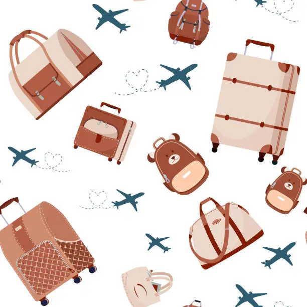 Vector illustration of Travel baggage, luggage and airplanes vector seamless pattern for tourism in stylish beige color. Voyage bags collection. Cartoon travel background for wallpaper, packaging, wrapping and background.