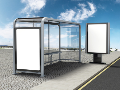 Computer generated bus stop with two ad spaces. Clipping path is included for the blank spaces.