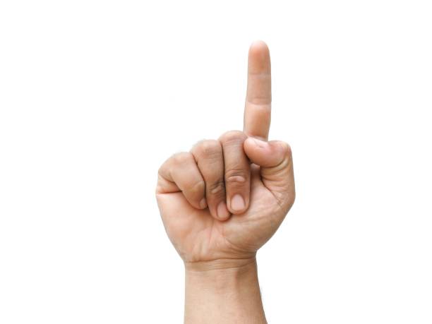 istock Male hand reaching up from below making a pointing gesture, isolated on white background. 1871618641