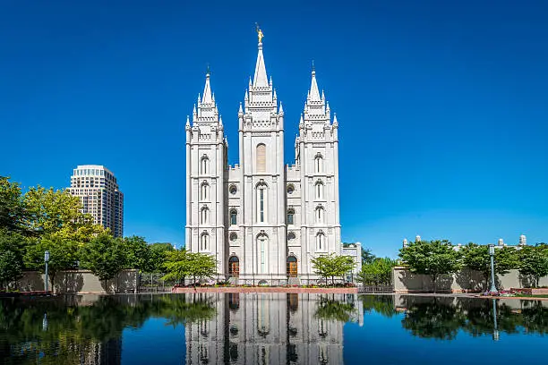 The Salt Lake City, Utah Temple. The icon of The Church of Jesus Christ of Latter-day Saints - LDS Temple. Salt Lake City, Utah, USA.