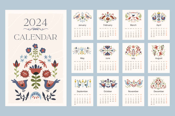 bildbanksillustrationer, clip art samt tecknat material och ikoner med folk hygge calendar 2024, whole year calendar printable template a4 format with folklore nordic motif with flowers and birds, hand drawn vector art - hygge