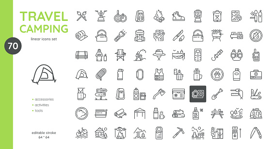 Outdoor Activity and Camping Vector Icons Set - Tents, Wildlife, Trails, Campfires, and Equipment. Editable Linear Collection Including GPS, Thermos, Raincoat, Hiking Gear, Smores and Travel Furniture