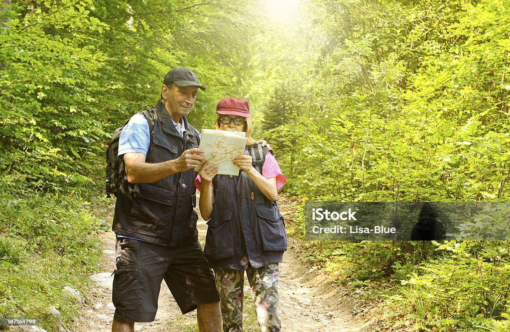 Senior pareja mirando el mapa en un bosque - Foto de stock de Aire libre libre de derechos