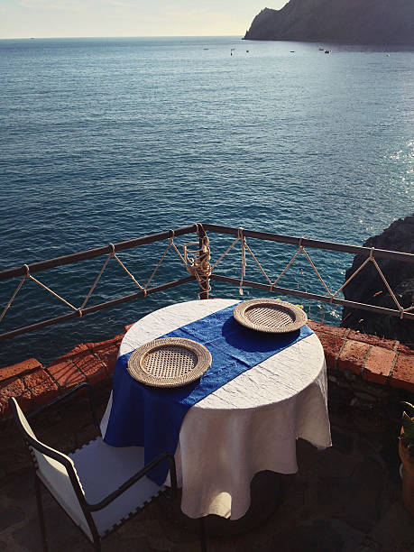 table pour deux avec vue sur la mer - parapetto photos et images de collection