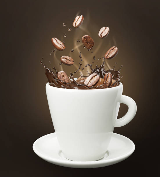 istock Roasted Coffee beans with coffee splashing form a white cup. 1871656789