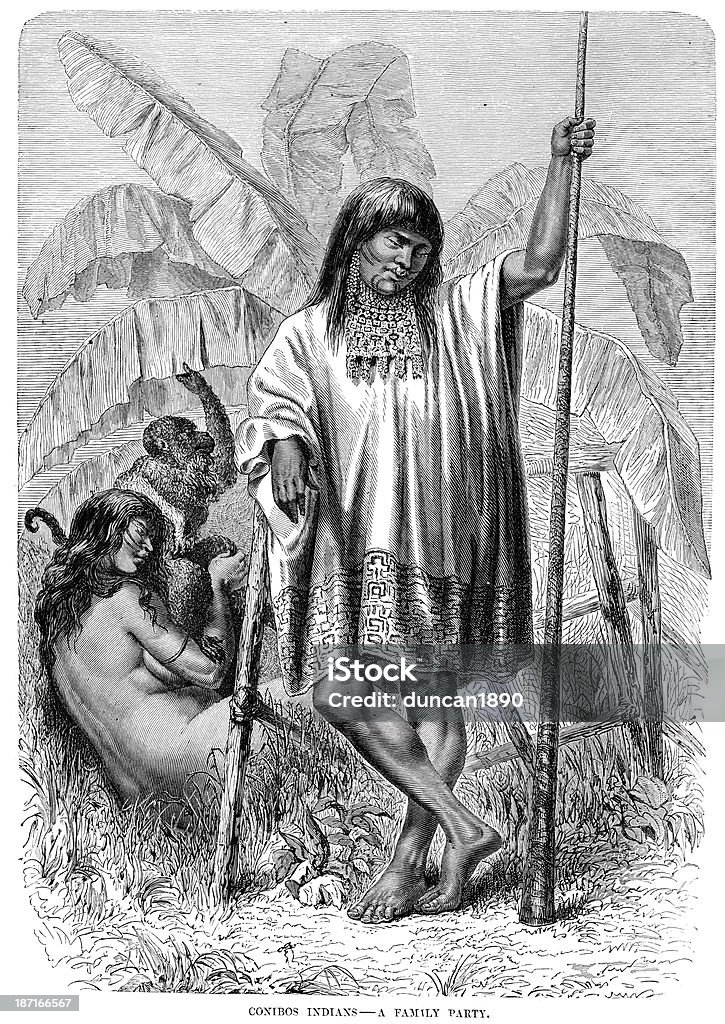 Conibo Indians Vintage engraving showing a family of Conibo Indians, 1873. An indigenous people along the Ucayali River in the Amazon rainforest in Peru. 19th Century stock illustration