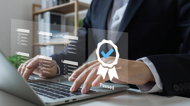 istock Online digital audit survey form. Businessman Take an assessment for certificate, questionnaire, evaluation, Choosing the right answer in the exam, filling out an online survey form. 1871668789