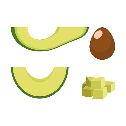 A set of chopped avocado. Avocado cut lengthwise, crosswise and into cubes. An avocado pit. Vector illustration isolated on a white background for design and web.