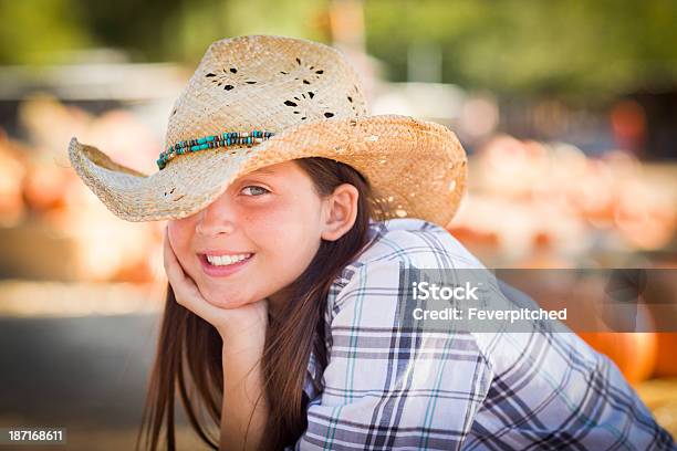 Preteen Girl Portrait At The Pumpkin Patch Stock Photo - Download Image Now - 12-13 Years, Activity, Adolescence