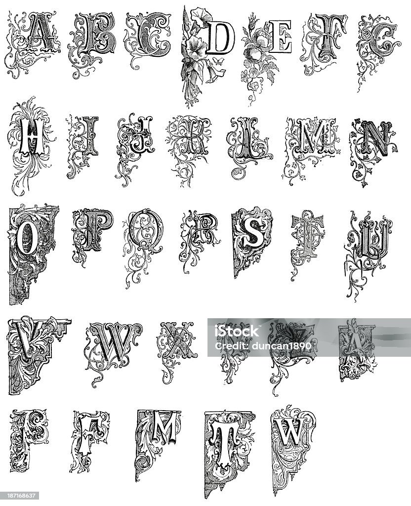 Antique letters Various 19th century style letters, 1864 Ornate stock illustration