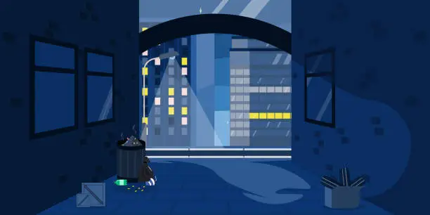 Vector illustration of .Vector illustration of a night city in cartoon style. Night walks along a dark and mysterious alley. A street with a box, a trash can, a lantern that refreshes