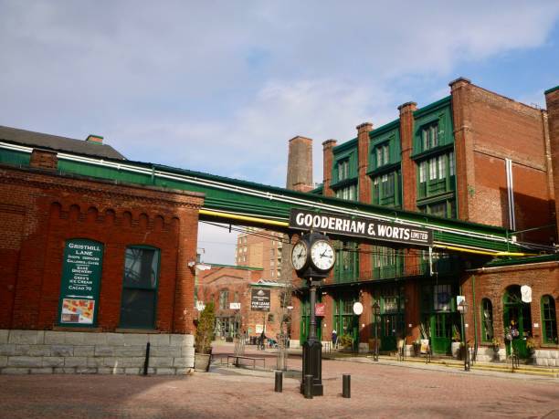 Toronto, Canada - February 1, 2018: The Distillery Historic District, a cultural, entertainment and shopping centre in a restored whiskey distillery, Toronto, Canada.