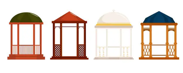 Vector illustration of Set of summer open wood arbors isolated on a white background. Vector illustrations of different types and shapes of elegant pavilions for summer holidays.