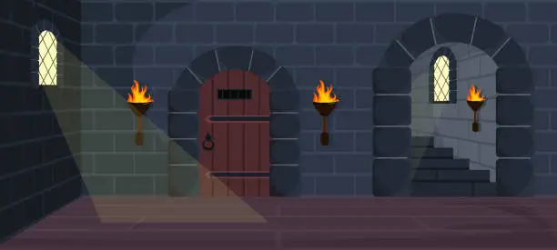 Vector illustration of Vector illustration, dark dungeon of a medieval castle with stone walls, long stairs, wooden doors and floor, with bars on the windows in cartoon style.