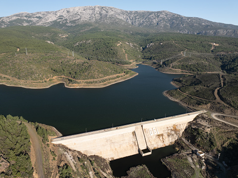Aerial view of great concrete dam