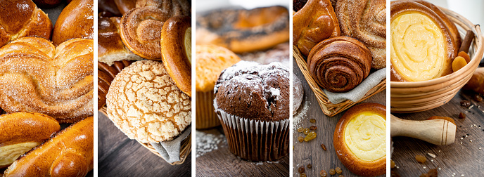 Collage of various fresh bread. Assortment set baked bread. Pastries collage with copy space