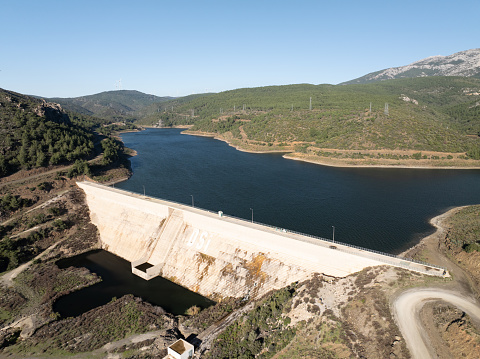 Aerial view of great concrete dam