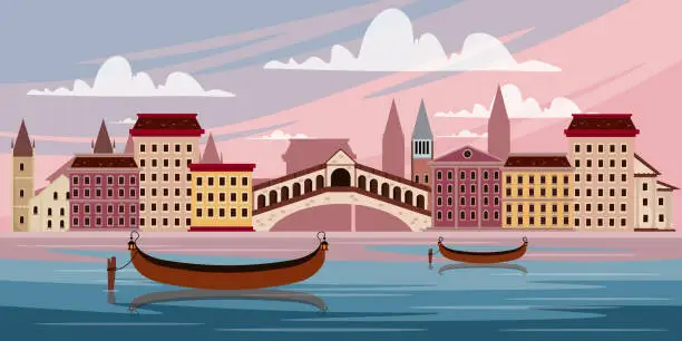Vector illustration of Vector illustration travel through Venice in cartoon style. Boats against the background of the bridge and buildings nearby. The sky is illuminated by the rays of the rising sun. Sights of Italy.