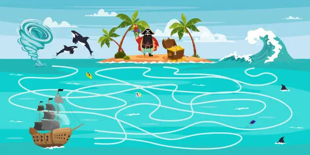 Vector illustration of Vector illustration of childrens game a pirate island with treasures in cartoon style. An island with palm trees, a chest of gold and a pirate with a parrot. Sea storm.