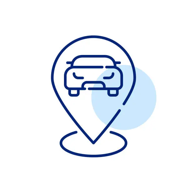 Vector illustration of Car in map pointer pictogram. Car rental and dealership, car sharing pick up points. Pixel perfect icon