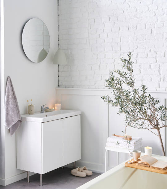 istock White bathroom, interior concept, cabinet, sink, mirror, accessory and plant, decorative style. 1871732876