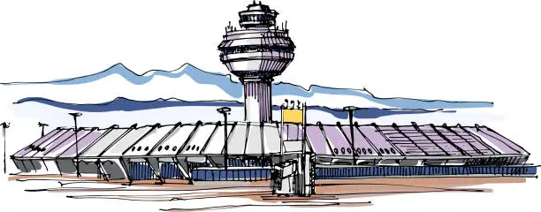 Vector illustration of The airport's flight control center. View of the tower against the background of the mountains. Hand drawn sketch