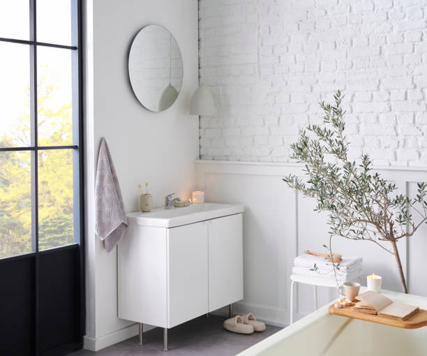 istock White bathroom, interior concept, cabinet, sink, mirror, accessory and plant, decorative style. 1871734460