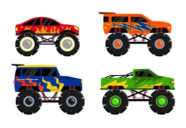 Vector illustration of Vector illustration of a monster truck machine in cartoon style. Collection of colored cars isolated on white background. Trucks for racing. With obstacles.