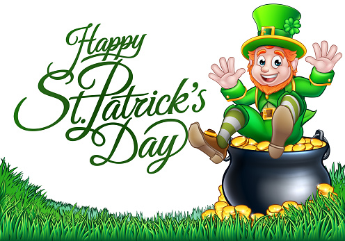 A Happy St Patricks day leprechaun and pot of gold coins illustration design