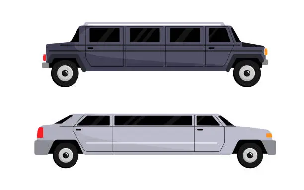 Vector illustration of Vector illustrations of luxury cars for special occasions. White and black limousine in cartoon style isolated on white background. Side view. Modern vehicles for special events.