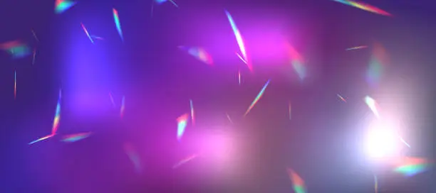 Vector illustration of Blurred rainbow refraction overlay effect. Light lens prism effect on black background. Holographic reflection, crystal flare leak shadow overlay. Vector abstract illustration.