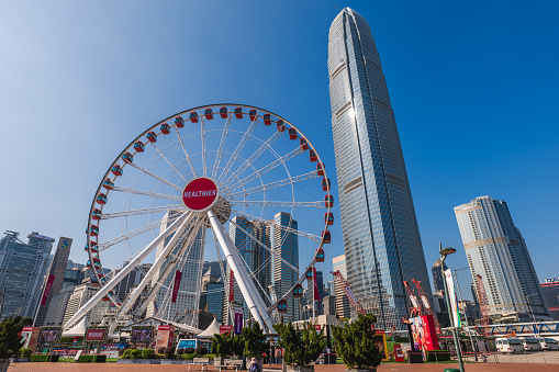 December 12, 2023: Hong Kong Observation Wheel, located at the Central Harbourfront, Central, Hong Kong, has 42 gondolas and is currently operated by The Entertainment Corporation Limited, TECL.