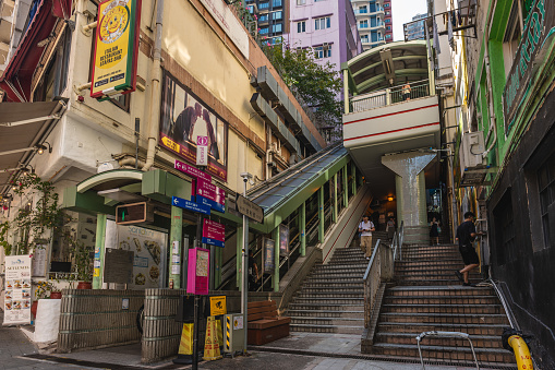 December 12, 2023: Central Mid Levels escalator and walkway system located in Hong Kong, China, is the longest outdoor covered escalator system in the world covers over 800 m in distance.