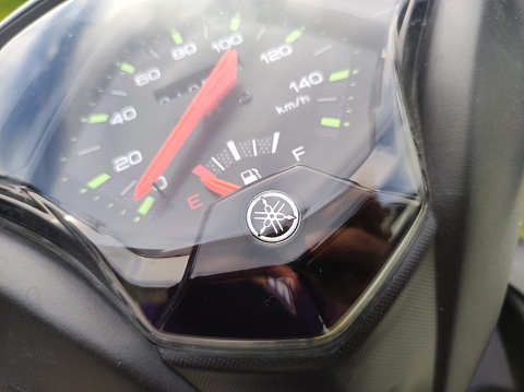 Yamaha brand motorbike speedometer with automatic type with the latest technology. Bontang, East Kalimantan, Indonesia. December 20 2023