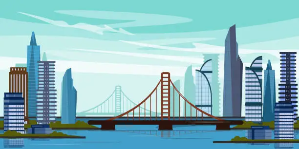 Vector illustration of Vector illustration of New York bridge in cartoon style. Beautiful view of high-rise buildings near the river. Bridge connecting two banks. Developed infrastructure of a big city.