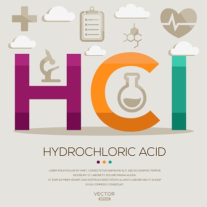 HCI _ Hydrochloric acid, letters and icons, and vector illustration.