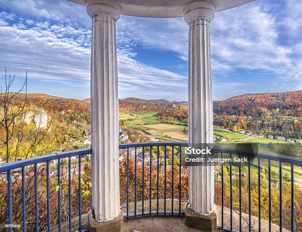 Autumn View on Franconian Valley View from a pavilion, located on top of the mountain edge over Streitberg, over the Wiesenttal valley, the town of Streitberg and the landmark Niedeck ruin.  Architectural Column Stock Photo