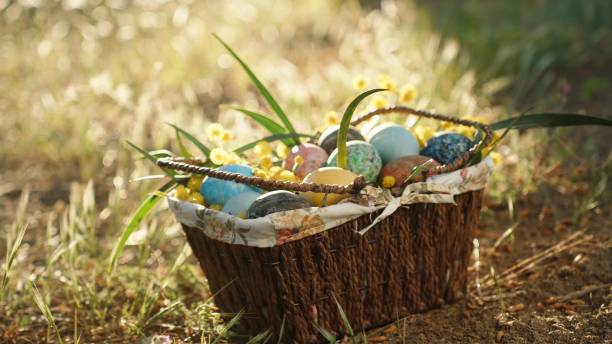 istock Painted Easter Eggs in a Basket in the Rays of the Sun Through the Forest Trees. 1871777884
