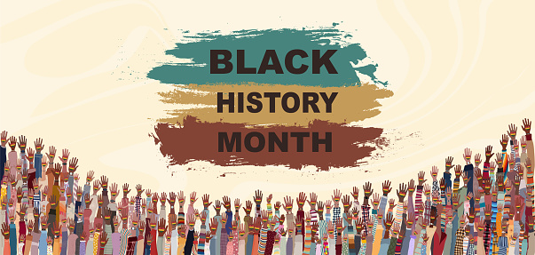 Black history month concept. Concept of valorization of African or Afro-American culture. Many raised hands of black people holding a heart with the colors of the flag that identifies African culture. Racial equality concept. Human rights concept