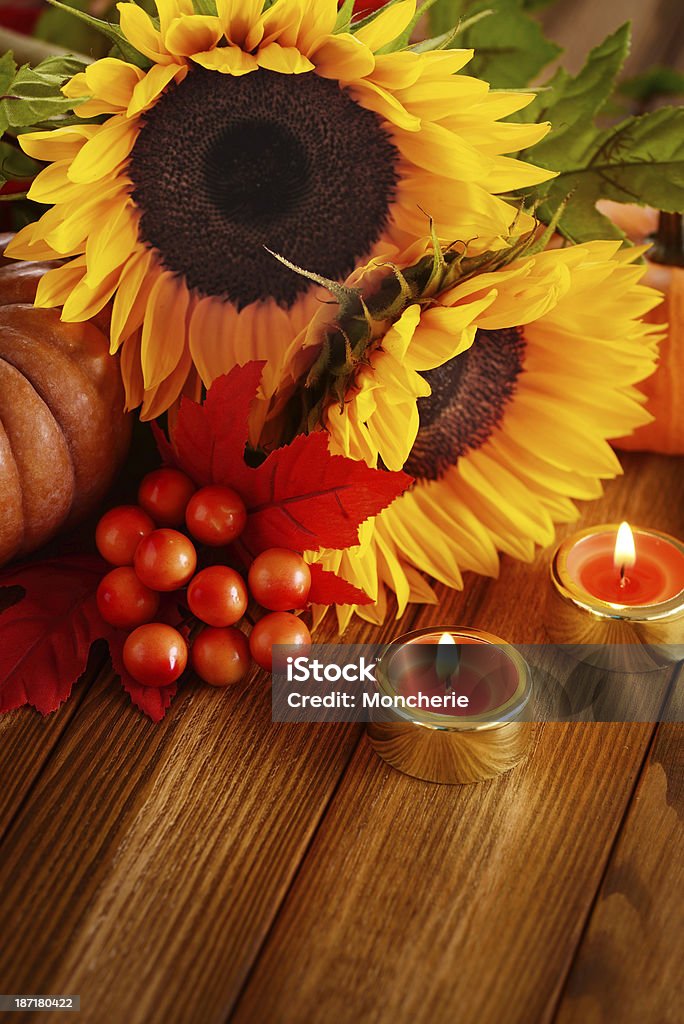 Осенний украшения с «Подсолнухи», кленовые листья и pumpkins - Стоковые фото Без людей роялти-фри