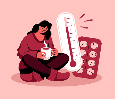 A sick woman is sitting on the floor and drinking a drink. The thermometer shows a high temperature, pills. Flat, cartoon, vector illustration