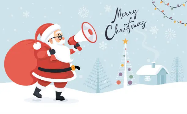Vector illustration of Santa Claus wishing a Merry Christmas through a megaphone.