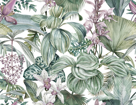 Tropical botanical wallpaper with leaves and orchids. Seamless pattern with tropical leaves and flowers. Illustration drawn in watercolor
