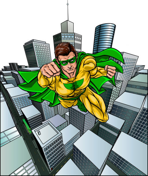 superheld fliegende stadt comic buch superhelden-pose - superhero comic book cityscape flying stock-grafiken, -clipart, -cartoons und -symbole