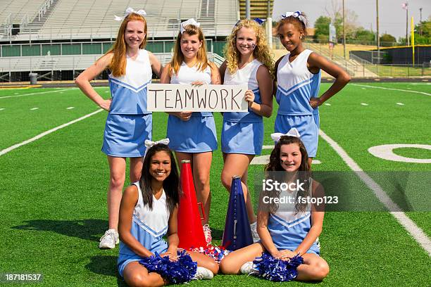 Sports Group Of Cheerleaders With Teamwork Sign Stock Photo - Download Image Now