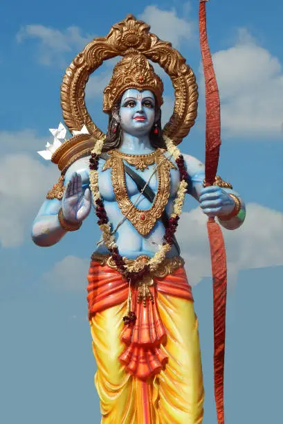 View of Indian Hindu God Rama with his weapon bow and arrows in a temple