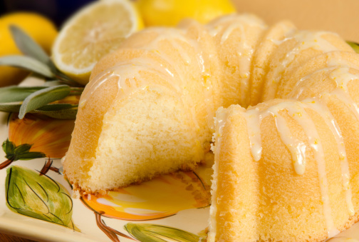 Close up of an iced, Lemon Pound Cake.